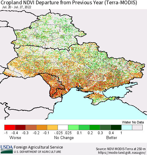 Ukraine, Moldova and Belarus Cropland NDVI Departure from Previous Year (Terra-MODIS) Thematic Map For 7/21/2022 - 7/31/2022