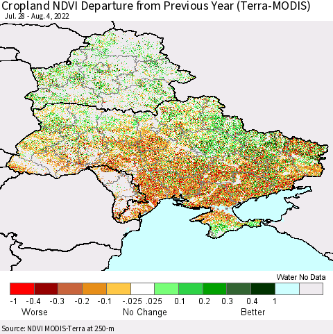 Ukraine, Moldova and Belarus Cropland NDVI Departure from Previous Year (Terra-MODIS) Thematic Map For 7/28/2022 - 8/4/2022