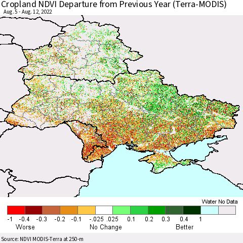 Ukraine, Moldova and Belarus Cropland NDVI Departure from Previous Year (Terra-MODIS) Thematic Map For 8/5/2022 - 8/12/2022