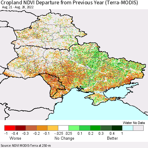Ukraine, Moldova and Belarus Cropland NDVI Departure from Previous Year (Terra-MODIS) Thematic Map For 8/21/2022 - 8/28/2022