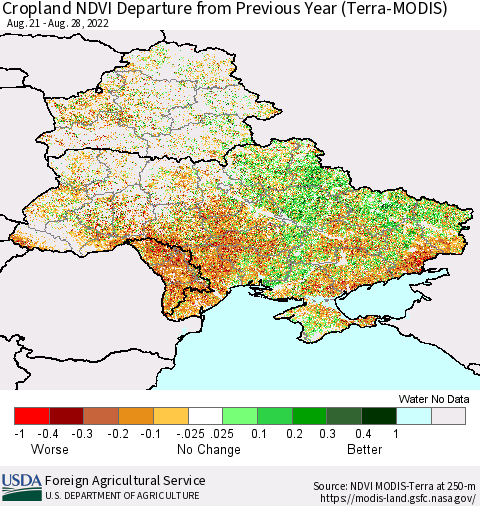 Ukraine, Moldova and Belarus Cropland NDVI Departure from Previous Year (Terra-MODIS) Thematic Map For 8/21/2022 - 8/31/2022