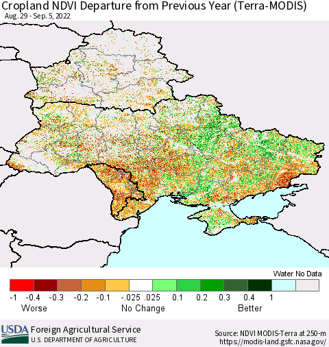 Ukraine, Moldova and Belarus Cropland NDVI Departure from Previous Year (Terra-MODIS) Thematic Map For 9/1/2022 - 9/10/2022