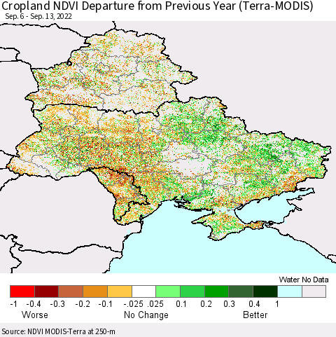 Ukraine, Moldova and Belarus Cropland NDVI Departure from Previous Year (Terra-MODIS) Thematic Map For 9/6/2022 - 9/13/2022