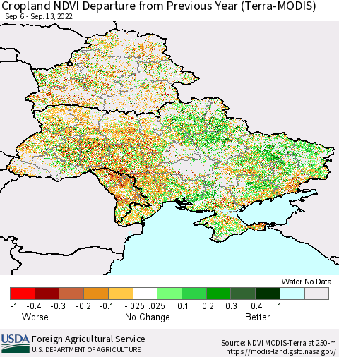 Ukraine, Moldova and Belarus Cropland NDVI Departure from Previous Year (Terra-MODIS) Thematic Map For 9/11/2022 - 9/20/2022