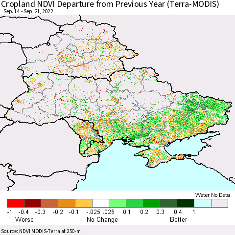 Ukraine, Moldova and Belarus Cropland NDVI Departure from Previous Year (Terra-MODIS) Thematic Map For 9/14/2022 - 9/21/2022