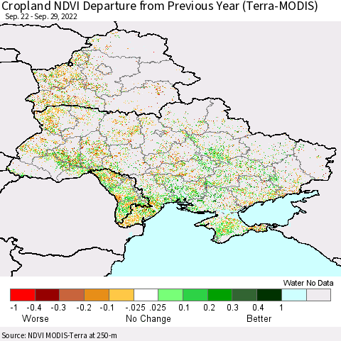 Ukraine, Moldova and Belarus Cropland NDVI Departure from Previous Year (Terra-MODIS) Thematic Map For 9/22/2022 - 9/29/2022