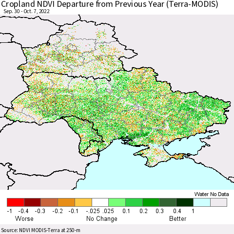 Ukraine, Moldova and Belarus Cropland NDVI Departure from Previous Year (Terra-MODIS) Thematic Map For 9/30/2022 - 10/7/2022