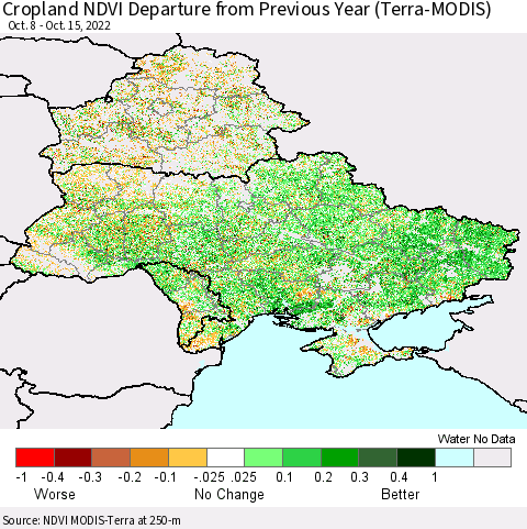 Ukraine, Moldova and Belarus Cropland NDVI Departure from Previous Year (Terra-MODIS) Thematic Map For 10/8/2022 - 10/15/2022