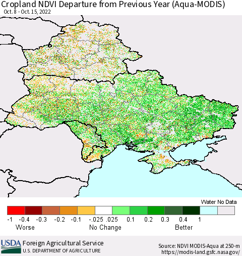 Ukraine, Moldova and Belarus Cropland NDVI Departure from Previous Year (Terra-MODIS) Thematic Map For 10/11/2022 - 10/20/2022
