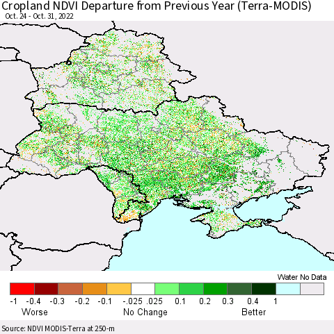 Ukraine, Moldova and Belarus Cropland NDVI Departure from Previous Year (Terra-MODIS) Thematic Map For 10/21/2022 - 10/31/2022