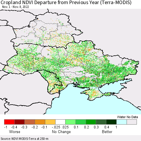 Ukraine, Moldova and Belarus Cropland NDVI Departure from Previous Year (Terra-MODIS) Thematic Map For 11/1/2022 - 11/8/2022