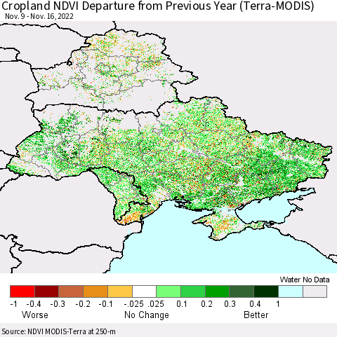 Ukraine, Moldova and Belarus Cropland NDVI Departure from Previous Year (Terra-MODIS) Thematic Map For 11/9/2022 - 11/16/2022