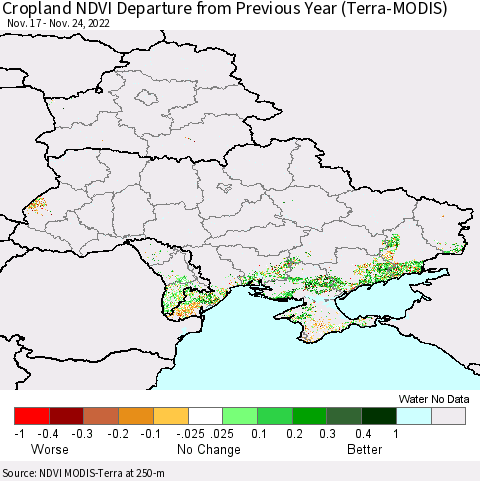 Ukraine, Moldova and Belarus Cropland NDVI Departure from Previous Year (Terra-MODIS) Thematic Map For 11/17/2022 - 11/24/2022