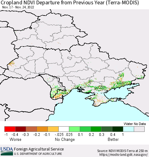 Ukraine, Moldova and Belarus Cropland NDVI Departure from Previous Year (Terra-MODIS) Thematic Map For 11/21/2022 - 11/30/2022