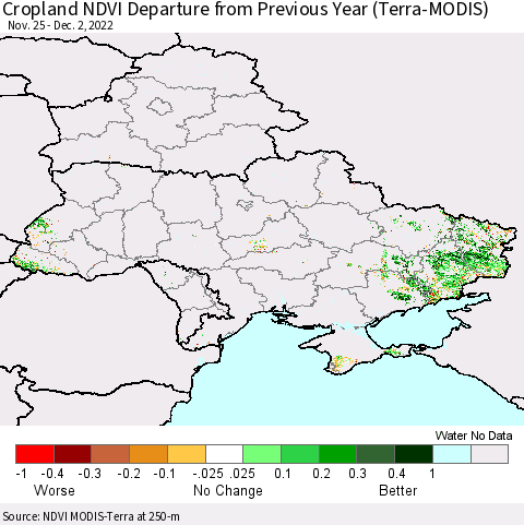 Ukraine, Moldova and Belarus Cropland NDVI Departure from Previous Year (Terra-MODIS) Thematic Map For 11/25/2022 - 12/2/2022