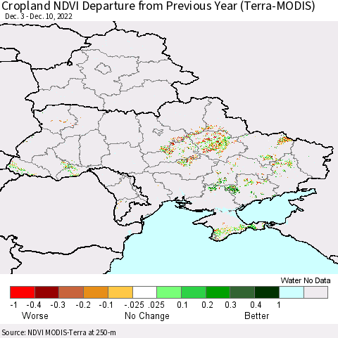 Ukraine, Moldova and Belarus Cropland NDVI Departure from Previous Year (Terra-MODIS) Thematic Map For 12/1/2022 - 12/10/2022
