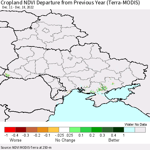 Ukraine, Moldova and Belarus Cropland NDVI Departure from Previous Year (Terra-MODIS) Thematic Map For 12/11/2022 - 12/18/2022