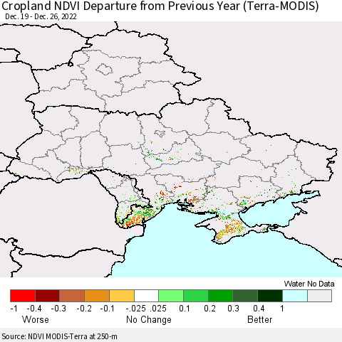 Ukraine, Moldova and Belarus Cropland NDVI Departure from Previous Year (Terra-MODIS) Thematic Map For 12/19/2022 - 12/26/2022