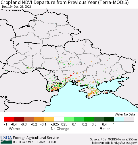 Ukraine, Moldova and Belarus Cropland NDVI Departure from Previous Year (Terra-MODIS) Thematic Map For 12/21/2022 - 12/31/2022
