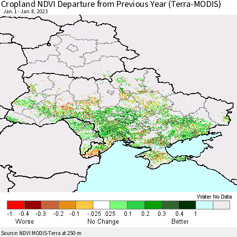 Ukraine, Moldova and Belarus Cropland NDVI Departure from Previous Year (Terra-MODIS) Thematic Map For 1/1/2023 - 1/8/2023
