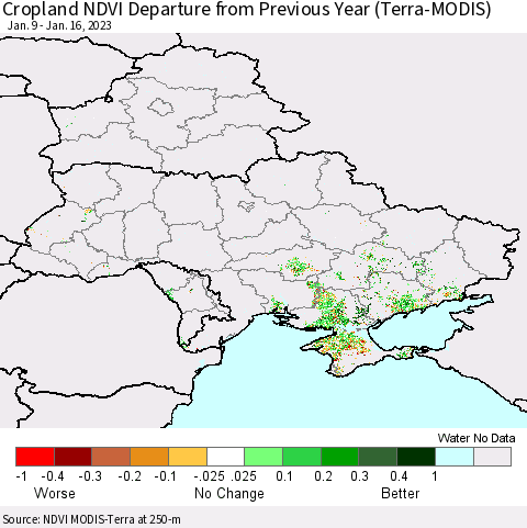 Ukraine, Moldova and Belarus Cropland NDVI Departure from Previous Year (Terra-MODIS) Thematic Map For 1/9/2023 - 1/16/2023