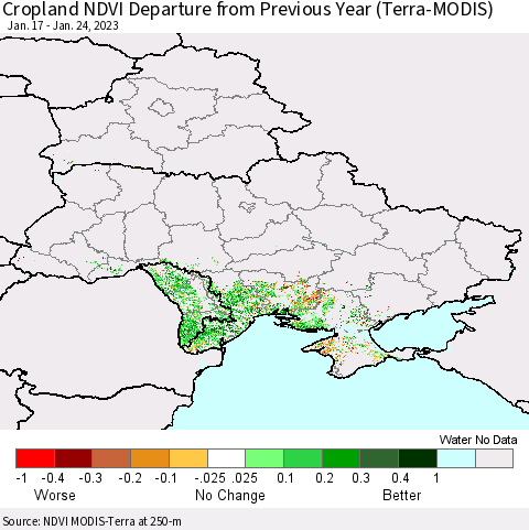 Ukraine, Moldova and Belarus Cropland NDVI Departure from Previous Year (Terra-MODIS) Thematic Map For 1/17/2023 - 1/24/2023