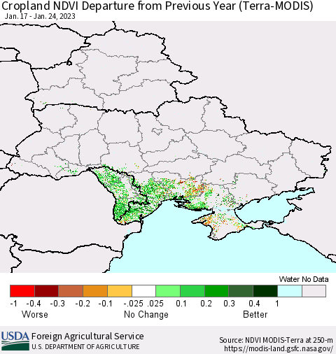 Ukraine, Moldova and Belarus Cropland NDVI Departure from Previous Year (Terra-MODIS) Thematic Map For 1/21/2023 - 1/31/2023