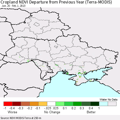 Ukraine, Moldova and Belarus Cropland NDVI Departure from Previous Year (Terra-MODIS) Thematic Map For 1/25/2023 - 2/1/2023