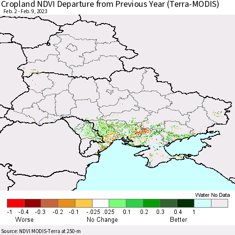 Ukraine, Moldova and Belarus Cropland NDVI Departure from Previous Year (Terra-MODIS) Thematic Map For 2/2/2023 - 2/9/2023