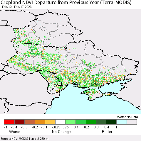 Ukraine, Moldova and Belarus Cropland NDVI Departure from Previous Year (Terra-MODIS) Thematic Map For 2/10/2023 - 2/17/2023