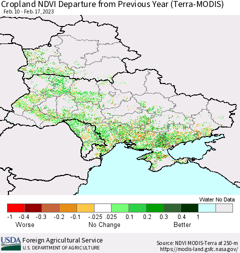 Ukraine, Moldova and Belarus Cropland NDVI Departure from Previous Year (Terra-MODIS) Thematic Map For 2/11/2023 - 2/20/2023