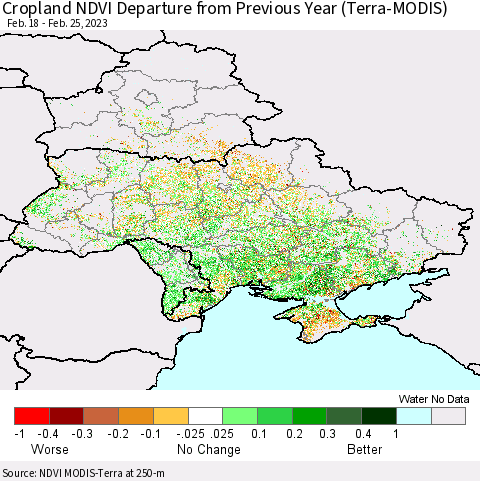 Ukraine, Moldova and Belarus Cropland NDVI Departure from Previous Year (Terra-MODIS) Thematic Map For 2/18/2023 - 2/25/2023