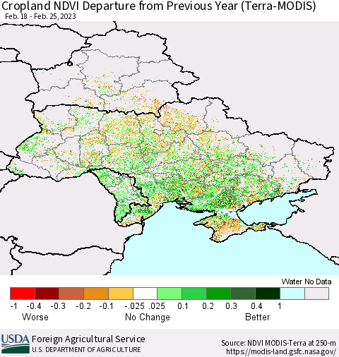 Ukraine, Moldova and Belarus Cropland NDVI Departure from Previous Year (Terra-MODIS) Thematic Map For 2/21/2023 - 2/28/2023