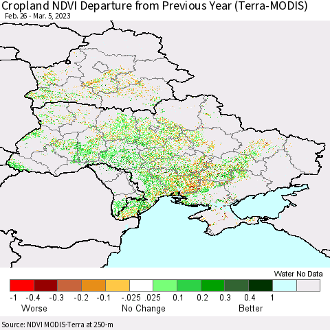 Ukraine, Moldova and Belarus Cropland NDVI Departure from Previous Year (Terra-MODIS) Thematic Map For 2/26/2023 - 3/5/2023