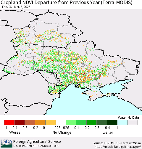 Ukraine, Moldova and Belarus Cropland NDVI Departure from Previous Year (Terra-MODIS) Thematic Map For 3/1/2023 - 3/10/2023
