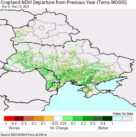 Ukraine, Moldova and Belarus Cropland NDVI Departure from Previous Year (Terra-MODIS) Thematic Map For 3/6/2023 - 3/13/2023