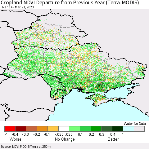 Ukraine, Moldova and Belarus Cropland NDVI Departure from Previous Year (Terra-MODIS) Thematic Map For 3/14/2023 - 3/21/2023