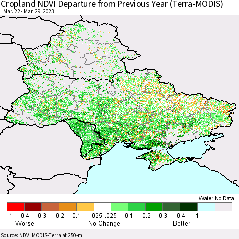 Ukraine, Moldova and Belarus Cropland NDVI Departure from Previous Year (Terra-MODIS) Thematic Map For 3/22/2023 - 3/29/2023