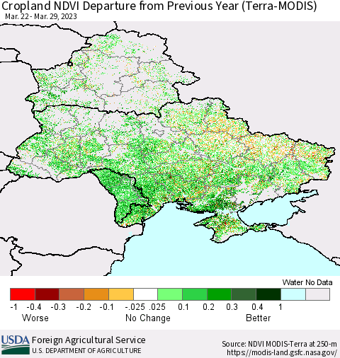 Ukraine, Moldova and Belarus Cropland NDVI Departure from Previous Year (Terra-MODIS) Thematic Map For 3/21/2023 - 3/31/2023