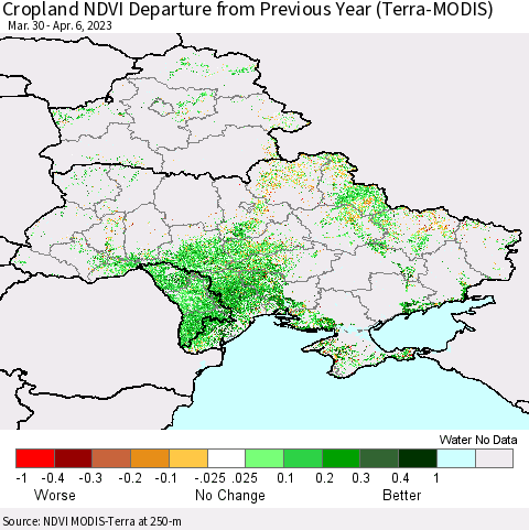 Ukraine, Moldova and Belarus Cropland NDVI Departure from Previous Year (Terra-MODIS) Thematic Map For 3/30/2023 - 4/6/2023