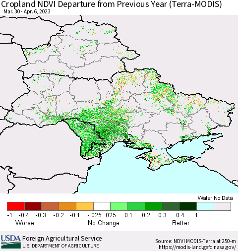 Ukraine, Moldova and Belarus Cropland NDVI Departure from Previous Year (Terra-MODIS) Thematic Map For 4/1/2023 - 4/10/2023
