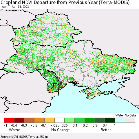 Ukraine, Moldova and Belarus Cropland NDVI Departure from Previous Year (Terra-MODIS) Thematic Map For 4/7/2023 - 4/14/2023