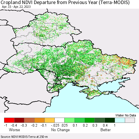 Ukraine, Moldova and Belarus Cropland NDVI Departure from Previous Year (Terra-MODIS) Thematic Map For 4/15/2023 - 4/22/2023