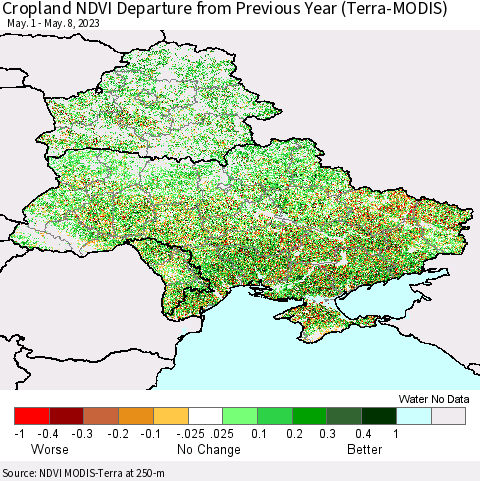 Ukraine, Moldova and Belarus Cropland NDVI Departure from Previous Year (Terra-MODIS) Thematic Map For 5/1/2023 - 5/8/2023
