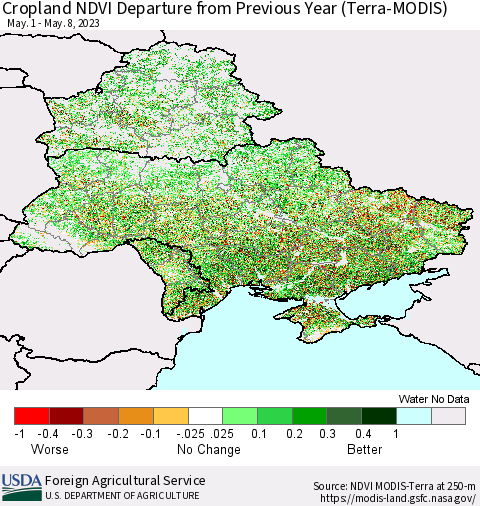 Ukraine, Moldova and Belarus Cropland NDVI Departure from Previous Year (Terra-MODIS) Thematic Map For 5/1/2023 - 5/10/2023