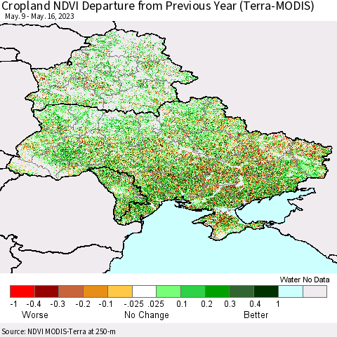 Ukraine, Moldova and Belarus Cropland NDVI Departure from Previous Year (Terra-MODIS) Thematic Map For 5/9/2023 - 5/16/2023