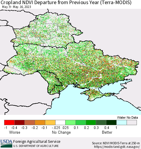 Ukraine, Moldova and Belarus Cropland NDVI Departure from Previous Year (Terra-MODIS) Thematic Map For 5/11/2023 - 5/20/2023
