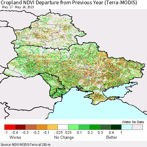 Ukraine, Moldova and Belarus Cropland NDVI Departure from Previous Year (Terra-MODIS) Thematic Map For 5/17/2023 - 5/24/2023
