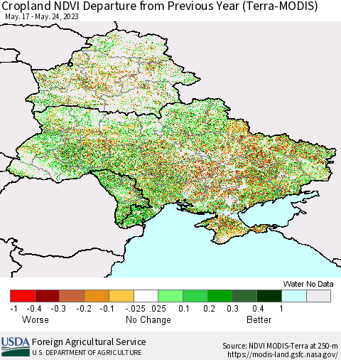 Ukraine, Moldova and Belarus Cropland NDVI Departure from Previous Year (Terra-MODIS) Thematic Map For 5/21/2023 - 5/31/2023