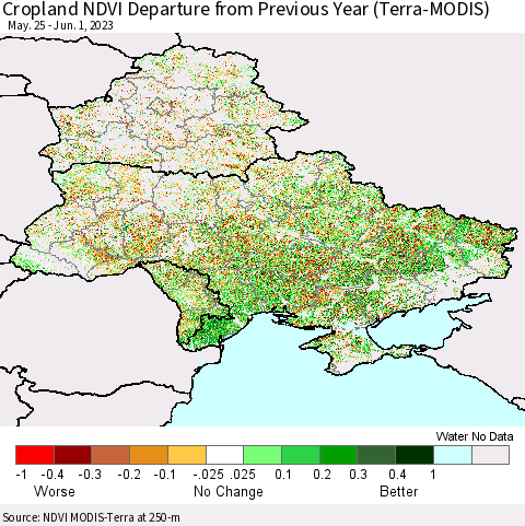 Ukraine, Moldova and Belarus Cropland NDVI Departure from Previous Year (Terra-MODIS) Thematic Map For 5/25/2023 - 6/1/2023